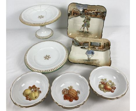 A collection of assorted antique and vintage ceramics. Comprising: 2 Royal Doulton Dickens Ware square shaped dishes - The Fa