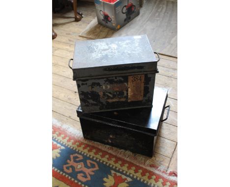 Two vintage black painted metal safety deposit boxes
