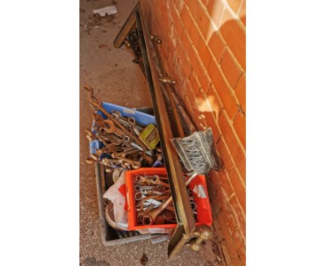 A mixed lot of tools, two fire fenders, small metal filing cabinet etc