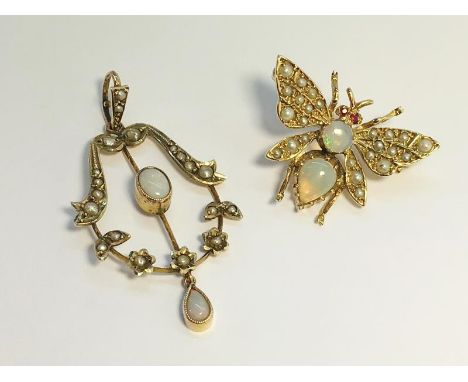An Art Nouveau Opal and seed pearl pendant in 9ct gold, along with a later Opal and seed pearl Bug Brooch in 9ct gold. Total 