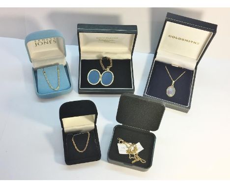 A small lot of  jewellery including an opal triplet pendant on 9ct chain, a 9ct gold locket on 9ct chain, 2 9ct chains, one d