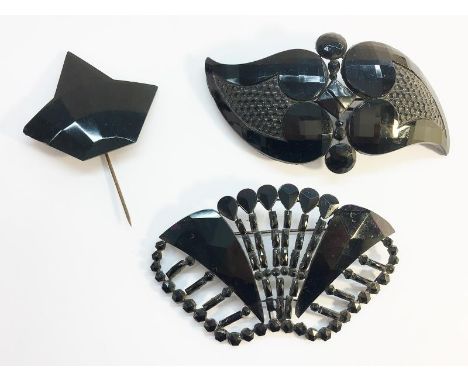 Two Art Deco French Jet Brooches, circa 1930’s, along with a Art Deco French Jet geometric stick pin.