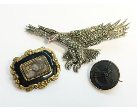 A Victorian memorial brooch with onyx and hair set panel, Victorian Rifle Volunteers Crowned strung bugle crest button set in