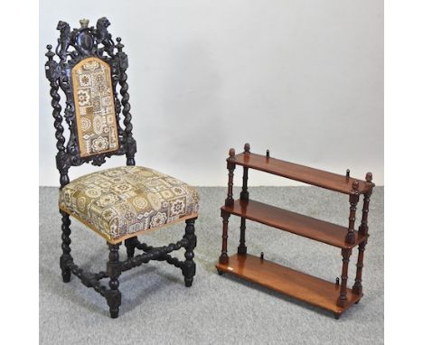 A Victorian carved oak side chair, together with a mahogany three tier wall shelf, 64cm (2)