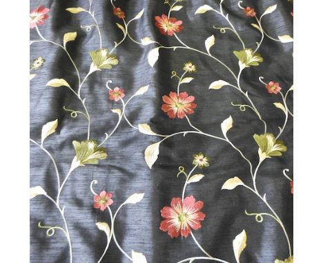 Two pairs of black satin floral curtains, each curtain approximately 280 x 140cm, together with matching pelmets, rope twist 