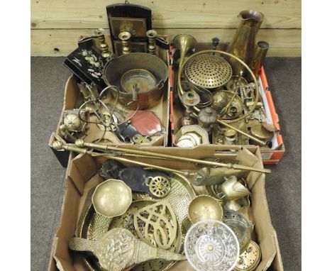 Three boxes of mainly brass, to include fire tools, jam pan and candlesticks