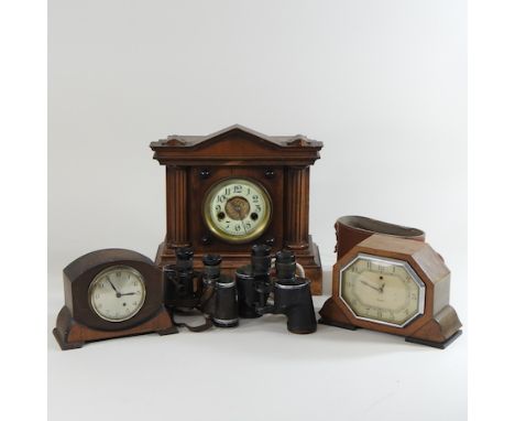 An Edwardian walnut mantel clock, together with two others, highest 30cm