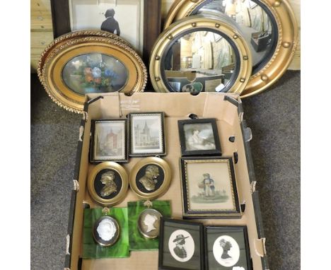 English School, 19th century, silhouette portrait, 24 x 20cm, together with various miniatures and pictures