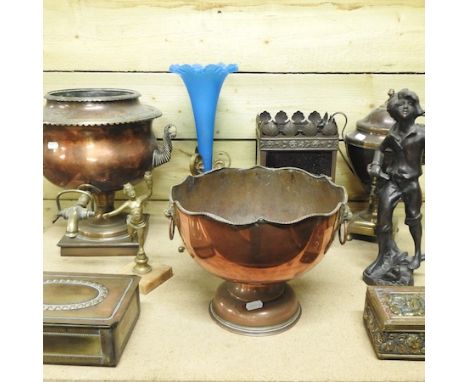 A copper samovar base, 32cm high, together with a smaller samovar, a lantern, punch bowl and a figure of a boy and other item