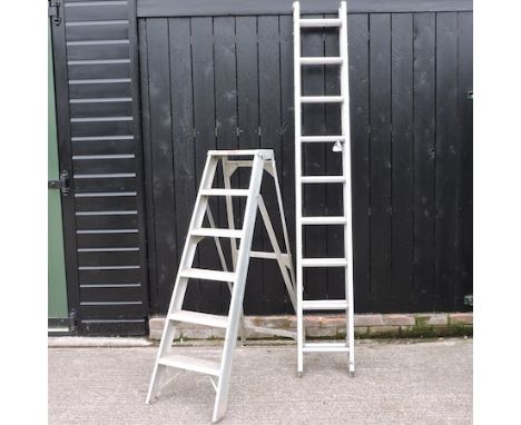 An aluminium extending ladder, in two sections, 460cm overall, together with a stepladder