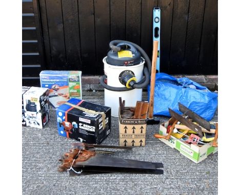 A collection of tools, to include a 6 inch bench grinder, a dust extractor and a router