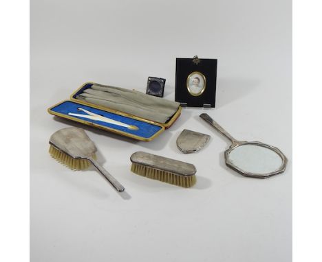 A silver compact, together with a silver dressing table set, a portrait miniature and a pair of cased glove stretchers and gl