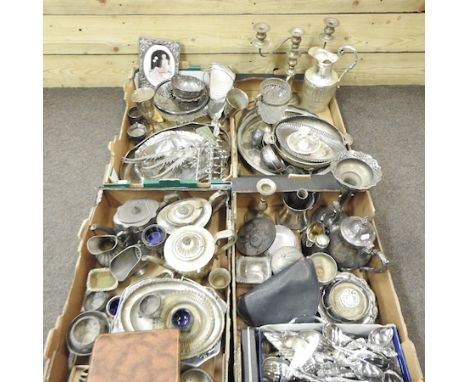 Five boxes of silver plated items, to include trays, a candelabra and cutlery