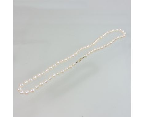 A cultured pearl necklace, with a 9 carat gold clasp