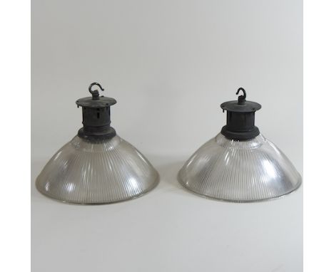 A pair of mid 20th century holophane style glass light shades, 29cm diameter