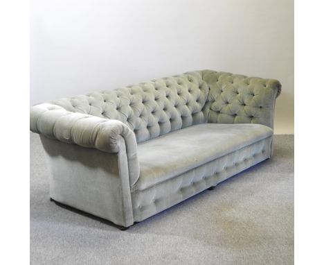 A 1920's green upholstered button back chesterfield sofa, 204cm