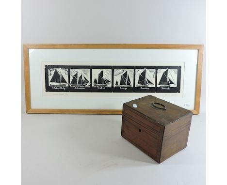 A George III tea caddy, 19cm together with James Dodds, Colne boats, lithograph, signed and numbered 33/75, 28 x 78cm