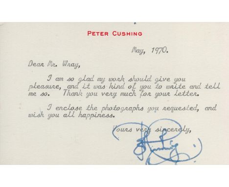 Peter Cushing signed letter with full vintage signature from 1970. Good condition. All autographs are genuine hand signed and