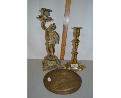 Mixed Lot: 19th Century cast brass figural candlestick, 18th Century brass candlestick with petal formed base (stem loose) an