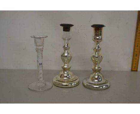 Glass candlestick with opaque twist stem, together with two further glass candlesticks, silver coloured, tallest 21cm high