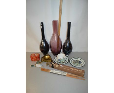 Mixed Lot: Three Art Glass vases, a boxed recorder, a Wills Gold Flake Cigarettes ashtray and other items