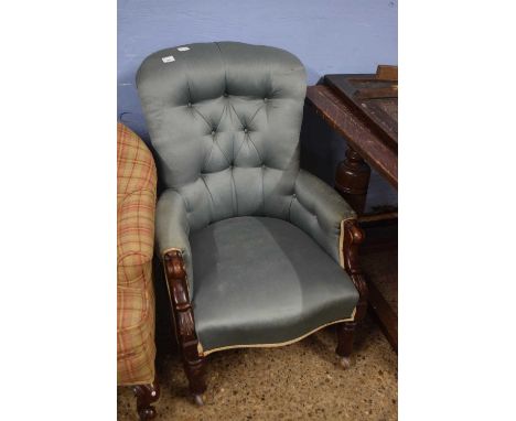 Victorian mahogany framed and button upholstered armchair