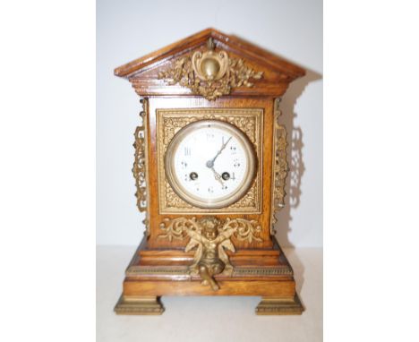 Edwardian oak &amp; brass mantle clock