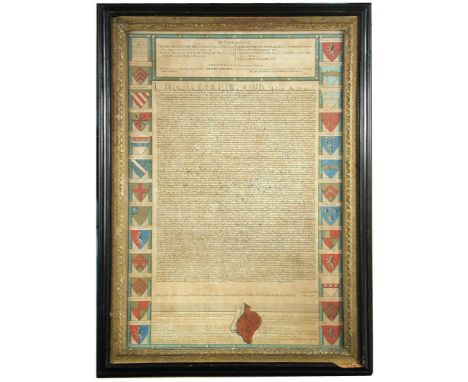 MAGNA CARTA, a facsimile engraved by John Pine, a copy of King John's Great Charter with 25 coloured shields to both long bor