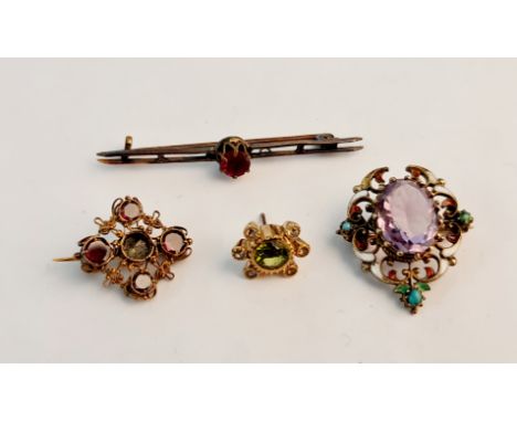 A gem set bar brooch, gem stone and enamel brooch, a yellow metal gem stone brooch (stone missing) and one gem stone cluster 