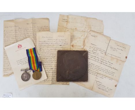 A WW1 medal group memorial plaque for 16803 PTE. John Priest . D . OF Corn. L . I . With a hand written letter to his wife an