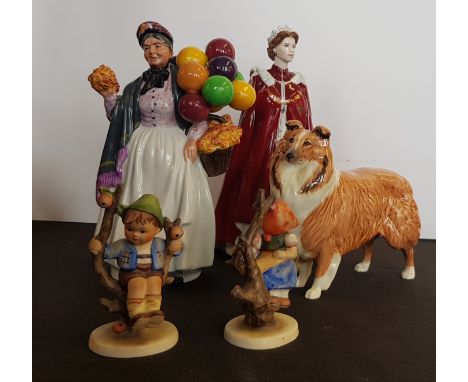 A Royal Worcester the Queens 80th Birthday figure two Goebel figures a Royal Doulton Biddy and a Beswick Collie dog.