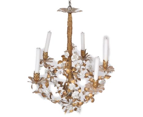 An early 20th Century French porcelain &amp; gilt toleware ceiling light chandelier having a leaf moulded top with central na