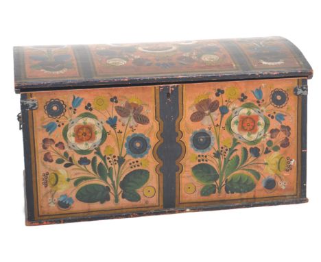 A 20th Century Norwegian / Scandinavian painted pine marriage chest trunk. Domed top with painted floral &amp; geometric deco