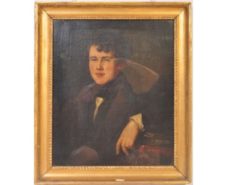 A 19th oil on canvas portrait painting study depicting a young aristocratic gentleman. The sitter depicting with curly locks 