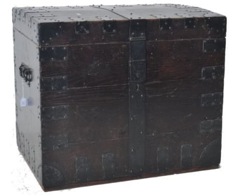 A 19th Century Victorian oak &amp; iron bound silver chest trunk. Large size with wrought iron strapwork set with iron swing 