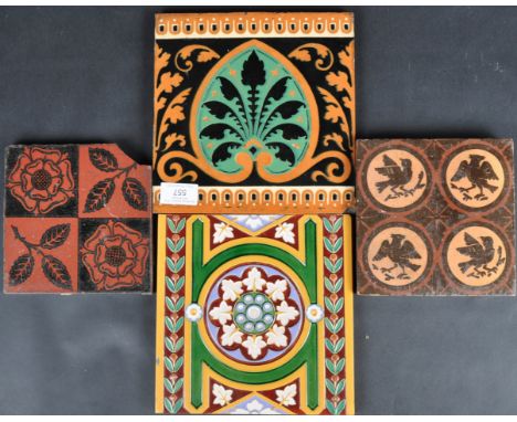 A collection of four 19th Century Victorian pottery tiles comprising a Minton &amp; Co majolica example, Minton Hollins &amp;