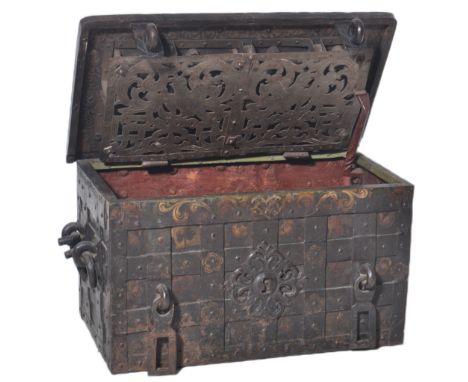 A 17th Century Armada chest Nuremberg Germany circa 1620s. Solid iron construction with lattice worked sides and large foldin