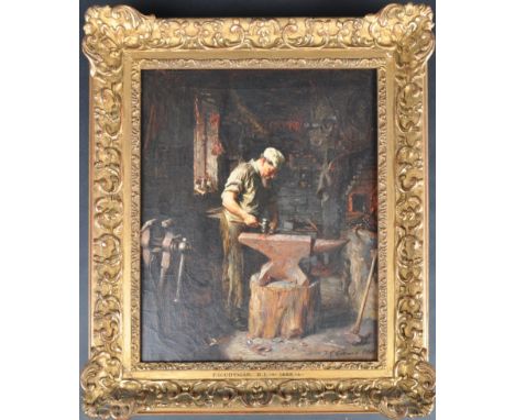 Frederick George Cotman (1850-1920) - An oil painting portrait study scene depicting a busy blacksmiths with the smith in cen