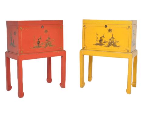 A pair of early 20th Century Chinoiserie bedside chests on stands. Red &amp; yellow lacquer finish with hand painted Chinoise