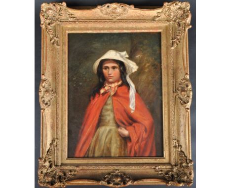A 19th Century oil portrait painting study depicting a young girl in red coat with white bonnet to hair. Set within an ornate
