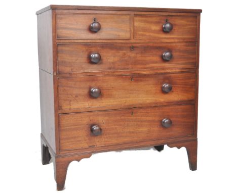 A 19th Century Victorian two over three mahogany chest of drawers having knob turned handles with brass key escutcheon to eac