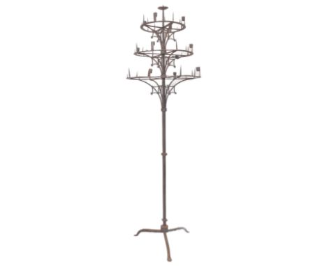 A large Cathedral size 19th Century Victorian wrought iron Gothic Ecclesiastical floor standing candelabra. Comprises a tiere