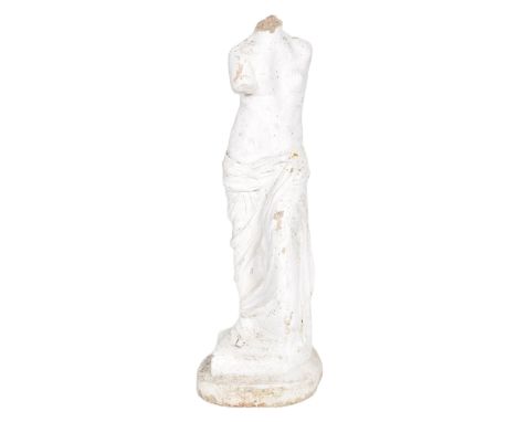 A 20th Century reconstituted stone garden statue / figure in the form of Venus De Milo stood in her typical position. Raised 