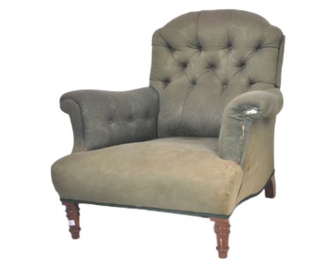 A 19th Century Victorian easy lounge armchair / club chair in the manner of Howard &amp; Sons. Upholstered in a rich silk dam