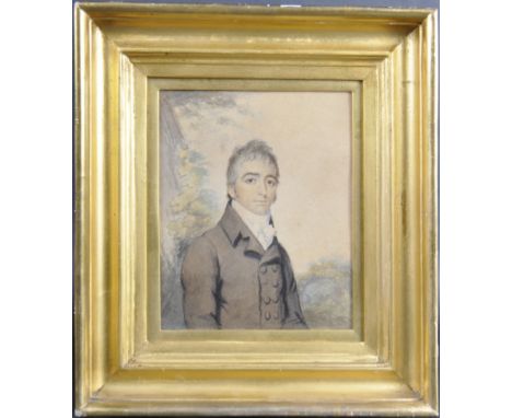 A 19th Century watercolour on paper portrait painting of a gentleman. Unsigned. Set within a gilt frame and being glazed. Mea