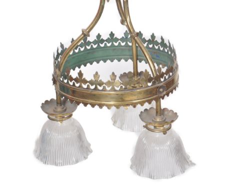 A pair of 19th Century Victorian Gothic Ecclesiastical brass ceiling light in the manner of EW Pugin. Stepped top with three 