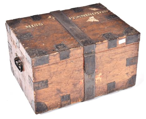 A late 19th Century Victorian oak and ironbound silver chest / travel trunk inscribed to the hinged lid atop "Miss Pennington