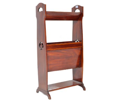 A late 19th Century Arts &amp; Crafts mahogany library book trough canterbury magazine stand. The shaped sides with pierced d