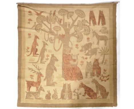 A 19th Century wall hanging tapestry embroidery depicting a woman seated in front of tree of life playing lyre. Surrounding h