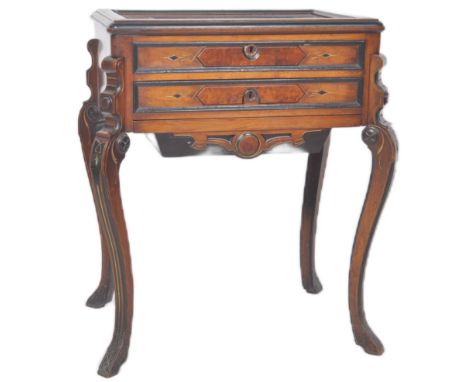 A 19th Century Victorian walnut and ebonie work / sewing box on stand having a raised chamfered edge top with floral decorate
